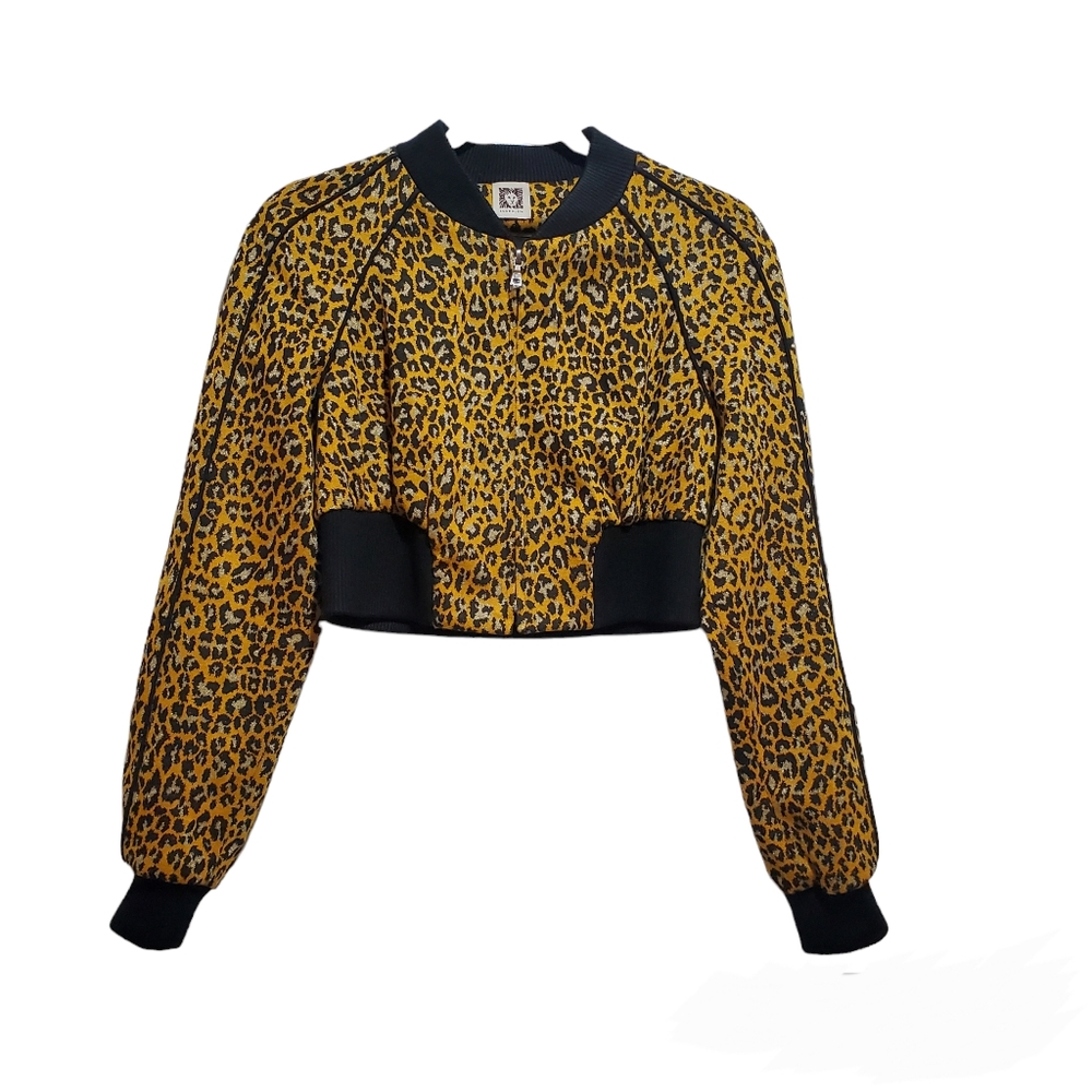 Ann Klein Leopard Gold Shimmer Print Cropped Bomber Jacket